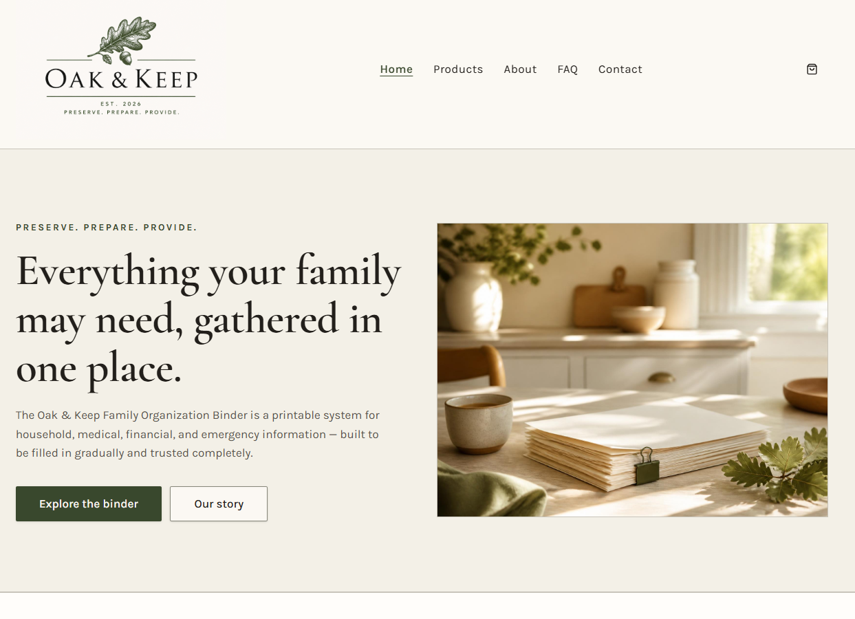 Oak & Keep homepage hero section showing the brand logo, navigation, the headline "Everything your family may need, gathered in one place", an introductory paragraph, and two buttons beside a photograph of a printed binder on a kitchen table.